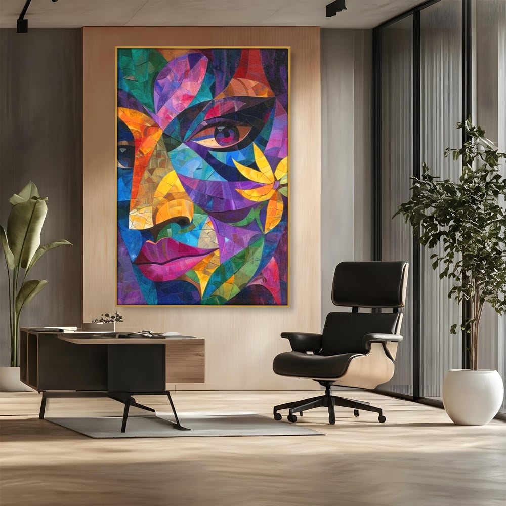 Tablou canvas cu tablou canvas cu chip de femeie in mozaic, in rama de aluminiu auriu, pe perete intr-un birou